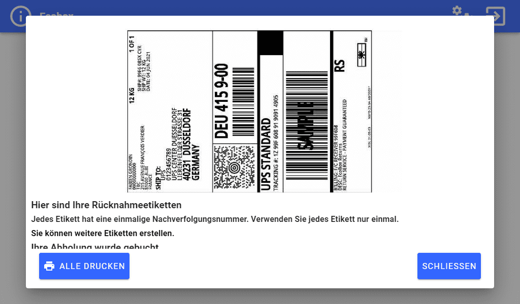 Ecobox-Konfigurationsbildschirm zu druckendes Rücksendeetikett